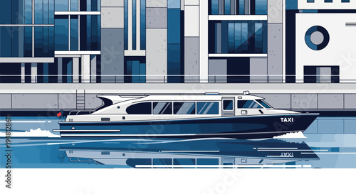 Modern water taxi boat sailing on river past contemporary city buildings, pixel art style