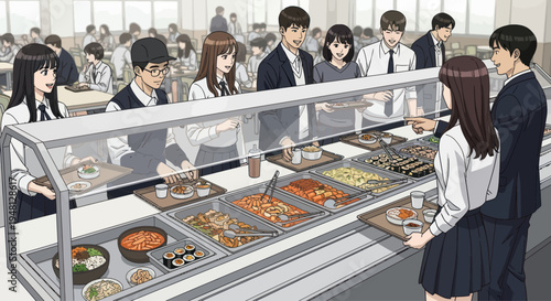 Students Queue for Lunch in School Cafeteria, Serving Korean Food Buffet