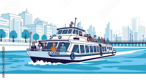 Passenger boat sailing on river past city skyline with bridge and trees
