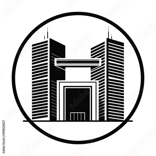 Iconic skyscrapers framed in circular symbol for urban architecture