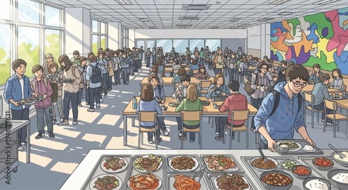 Busy School Cafeteria Lunch Break with Students Eating and Serving Food