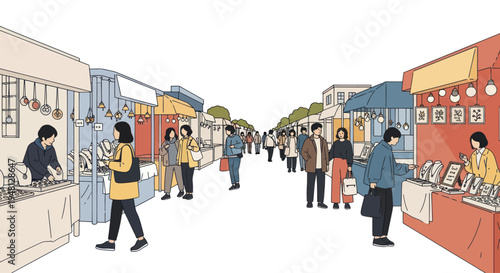 People Shopping at Outdoor Market Stalls with Colorful Booths and Merchandise
