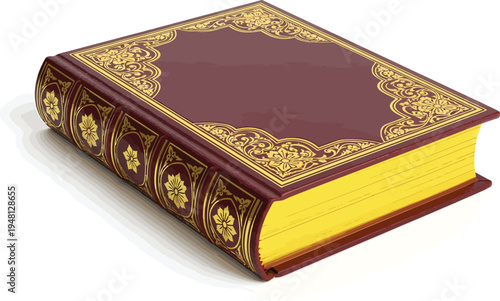 Maroon Book with Gold Ornate Details on White Background