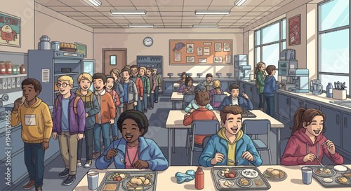 Diverse students eating lunch in a bright, busy school cafeteria with serving line.