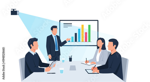 Business meeting with presentation on screen, team discussing charts and graphs, projector.