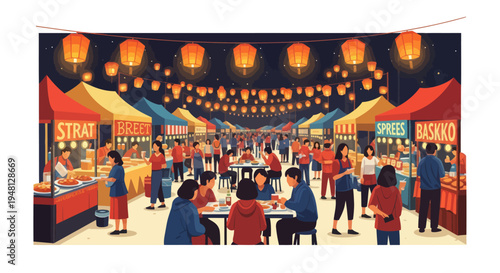 Night Market Festival with Lanterns and Food Stalls, People Enjoying