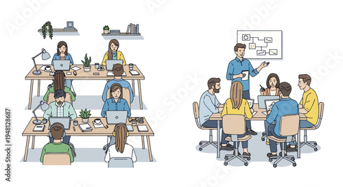 Diverse team collaborating in modern office spaces, brainstorming and presenting ideas