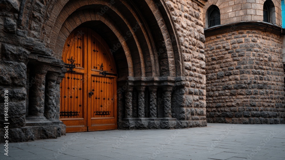 Fototapeta premium A majestic arched wooden door set in a stone structure, highlighting intricate details and textures