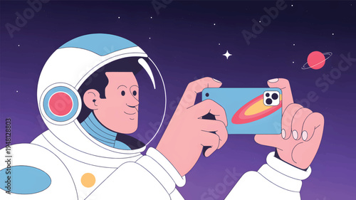 An astronaut taking off planet with a smartphone in a starry purple space galaxy stars