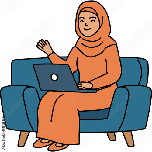Muslim woman using laptop illustration