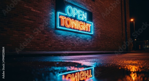 Neon Sign Reading 'Open Tonight' Reflecting on Wet Street