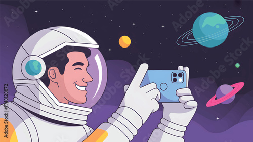 An astronaut in space is taking a photo of planets and stars in a galaxy
