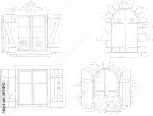 Charming collection of hand-drawn european style with shutters and floral accents