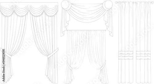 Line art illustration of three elegant window curtain styles with drapery and tie-backs with tie back with window treatment with living room with style guide