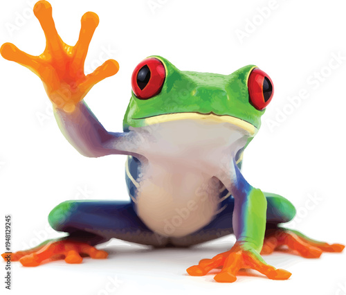 Green Frog Waving Orange Feet on White Background
