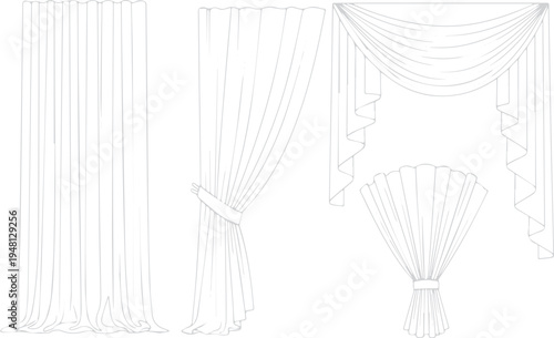 Set of draped curtains, valances, and tied-back panels in outline vector style, window treatments, line art, interior design, home decor, white background, home furnishing