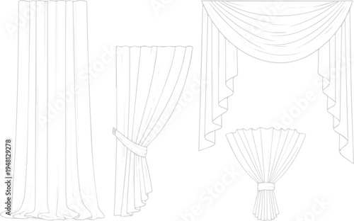 Set of elegant drapery and curtain illustrations in a line art style with window treatments with home decor with interior design