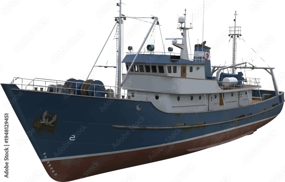 Naklejka premium Blue Fishing Boat on White Background