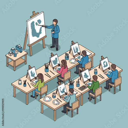 An art class with an instructor teaching students how to paint on easels.
