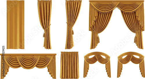Collection of opulent gold velvet drapes and stage curtains with decorative swags for luxury events with interior design with theatre curtains with stage background