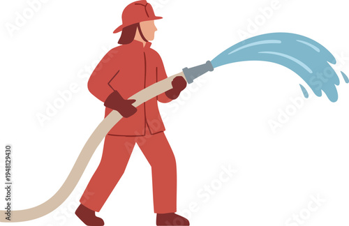 Firefighter Spraying Water with Fire Hose Vector Illustration
