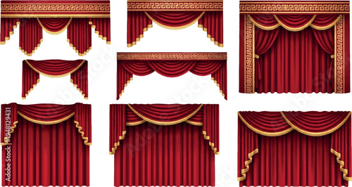 Collection of red and gold luxury theater stage drapes and swags with stage curtains with gold trim with swag curtains with velvet curtains with stage backdrop