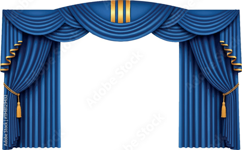 Elegant blue and gold stage theater drapes with swag and tassels with stage curtains with gold trim with velvet curtains with stage backdrop with interior design