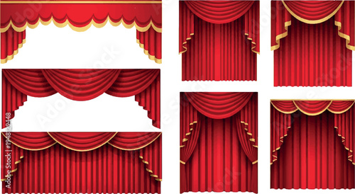 Set of red velvet theater stage drapes with gold trim and swags with stage curtains with swag curtains with stage backdrop with interior design with window treatment
