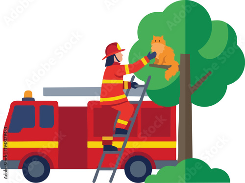 Firefighter Rescuing a Cat from a Tree Vector Illustration