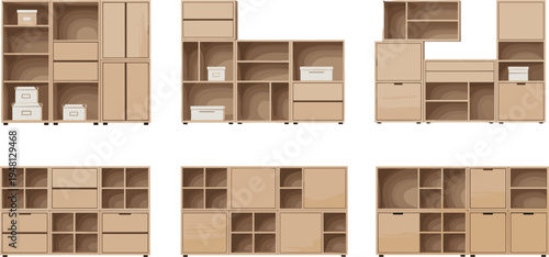 Modular Wooden Storage Cabinet and Shelving Unit Collection with Cubby Organizers, Drawers, and Cupboards for Home Office Furniture and Modern Interior Design Projects