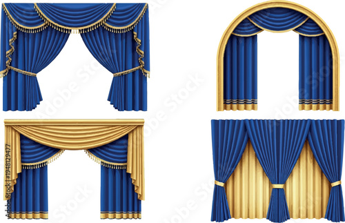 Blue and gold stage theater drapes with swags and archway design with stage curtains with gold trim with swag curtains with velvet curtains with stage backdrop