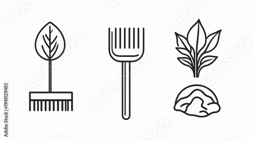 A white background hosts simple black line art icons of a leafed plant, a rake, and more plants