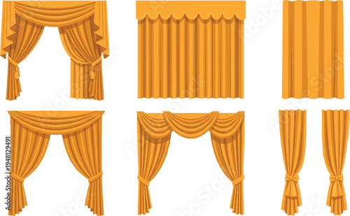 Set of yellow gold drapes, swags, and curtains for stage decor, window drapes, swag curtains, velvet curtains, stage backdrop, interior design, window treatment
