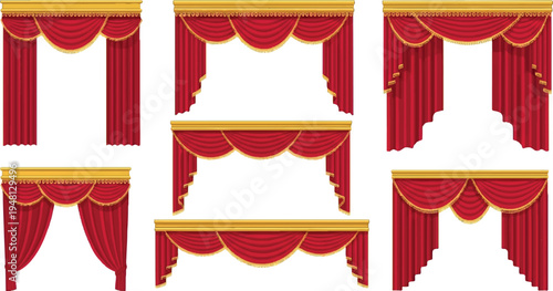 Collection of red theater stage curtains with gold trim and swags with theater drapes with swag curtains with velvet curtains with stage backdrop with interior design