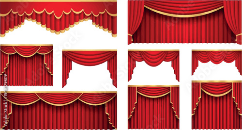 Variety of ornate red theater curtains with gold trim and decorative valances, perfect for opera, stage, and event backgrounds, stage drapes, interior design