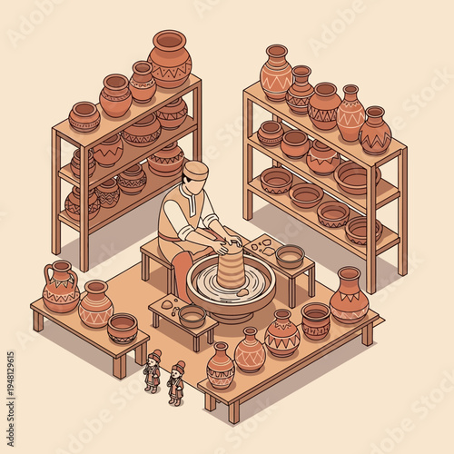An isometric illustration of a potter working on a pottery wheel with finished pieces.