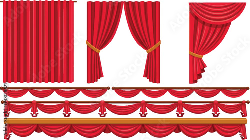 Assortment of red curtains, drapes, and valances with golden trim and ties, suitable for stage, theater, and decorative backgrounds, gold trim, stage decor, interior design