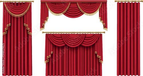 Collection of rich red velvet stage curtains and drapes with golden accents and elegant valances for theater, events, and interiors, gold accents, elegant valance