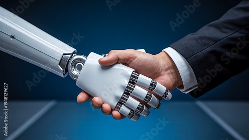 Human and robot handshake showing partnership and future technology