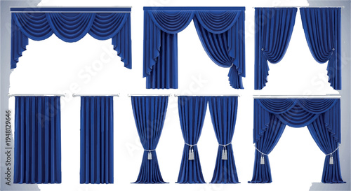 Collection of luxurious blue velvet stage curtains and drapes with golden trim and decorative valances for theater and elegant interiors with gold trim with decorative valance