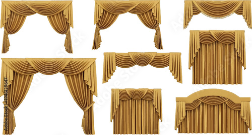 Assortment of opulent gold velvet curtains, drapes, and valances with decorative trim for luxurious stage, theater, and event backgrounds, decorative valance