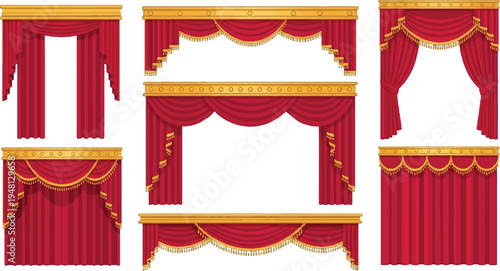 Rich red velvet stage curtains with decorative golden trim and elegant swags, perfect for theatrical performances and event backdrops, stage drapes, event backdrop