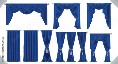 Collection of royal blue velvet curtains and drapes in various styles for stage, window, and interior design elements, window treatments, home decor, design element