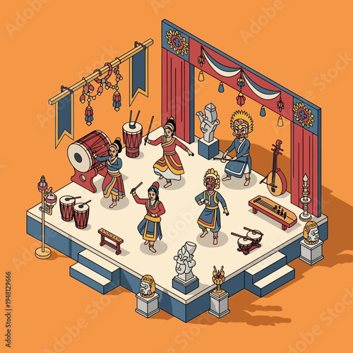 Isometric illustration of a traditional Indian dance performance on a stage with musicians.