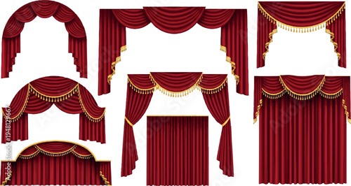 Set of opulent red velvet curtains with luxurious gold trim and arching valances, ideal for stage, theater, and grand event entrances, interior design, window treatments