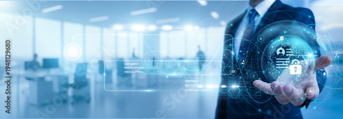 Foto IT officer holding data privacy control showing security growth graph with personal data protection, information safety, secure network, privacy policy, digital security system concept