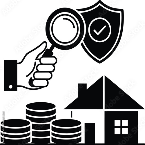 Financial Security Property Protection Magnifying Glass Shield Vector Icon