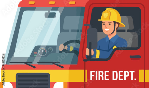 Firefighter Driving a Red Fire Engine to an Emergency