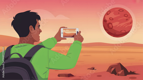 A man in a green shirt is taking a photo of Mars with a smartphone.