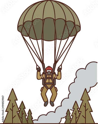 Smokejumper Paratrooper Descending Into Forest Fire Area